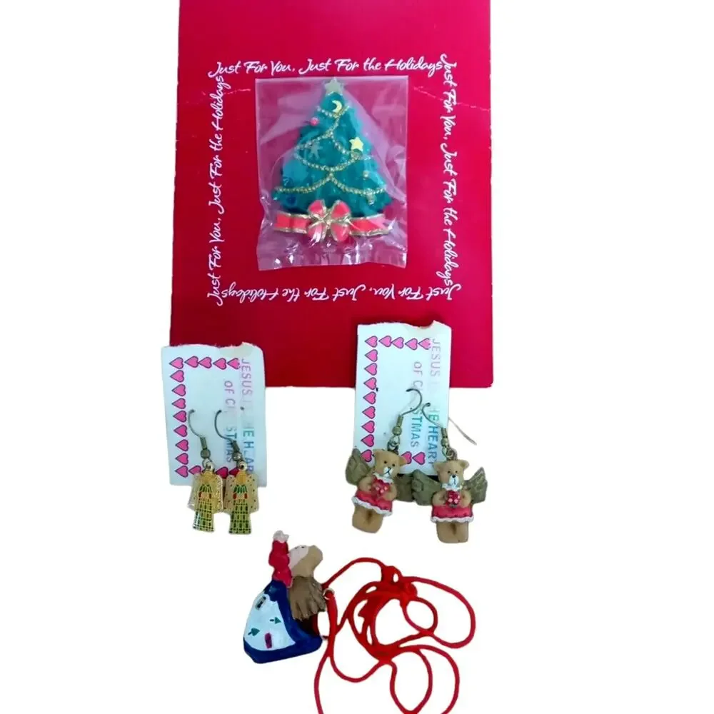 Christmas Holiday Jewelry Set Necklace Earrings Angel Bear Tree Pin Kitsch